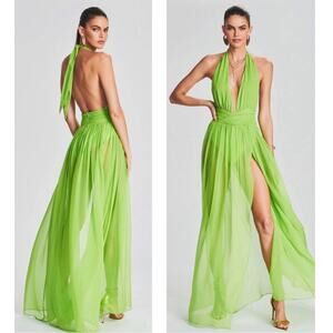 RETROFETE Zion Silk Chiffon Sheer Halterneck Lime Green Maxi Dress Size XS